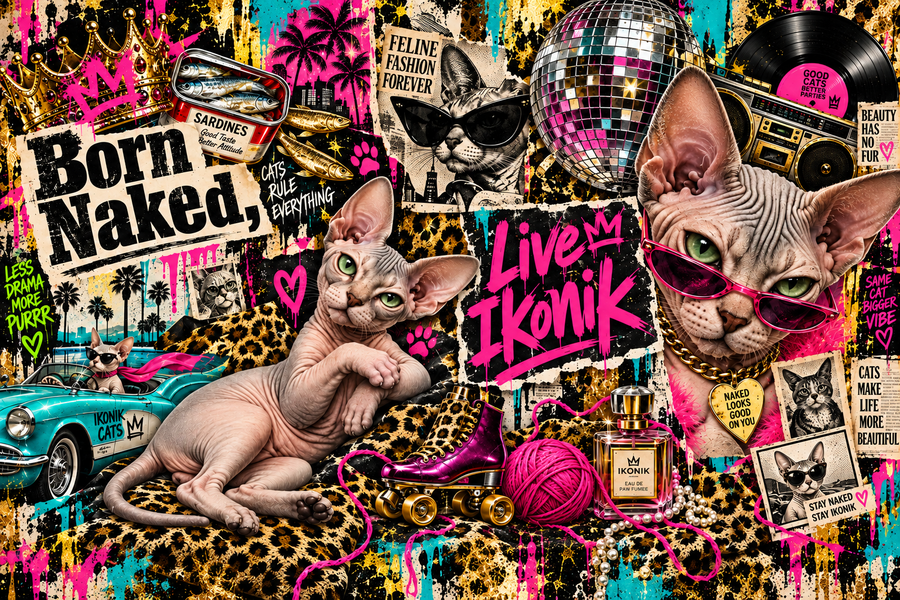 Born Naked, Live Ikonik - motiv: koláž sphynxů, hudebních a módních výstřižků s nápisem Born Naked, Live Ikonik