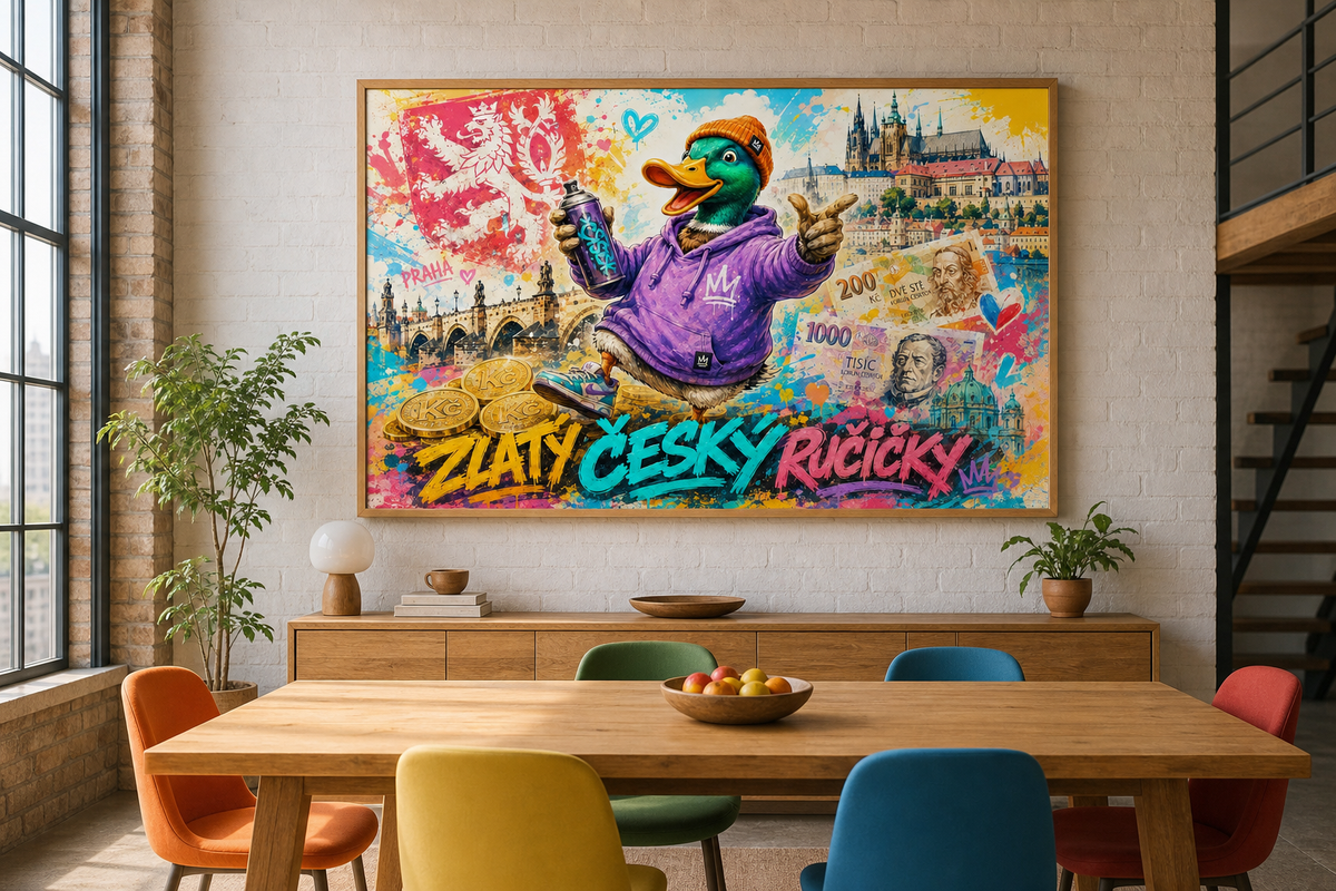 Obraz Zlatý český ručičky zavěšený nad kredencí v jídelně