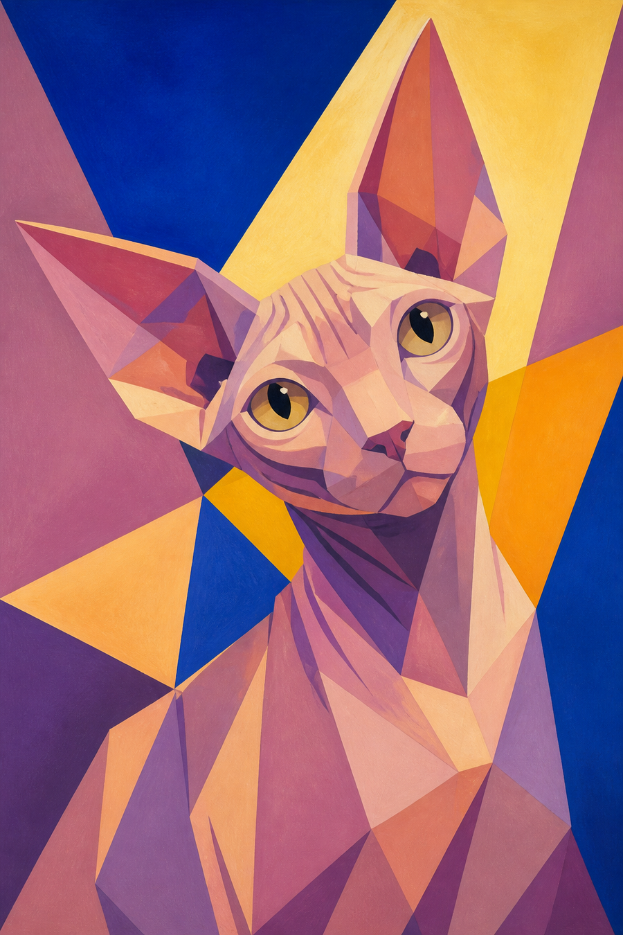 Sphynx s nakloněnou hlavou v meruňkové, fialové a kobaltové