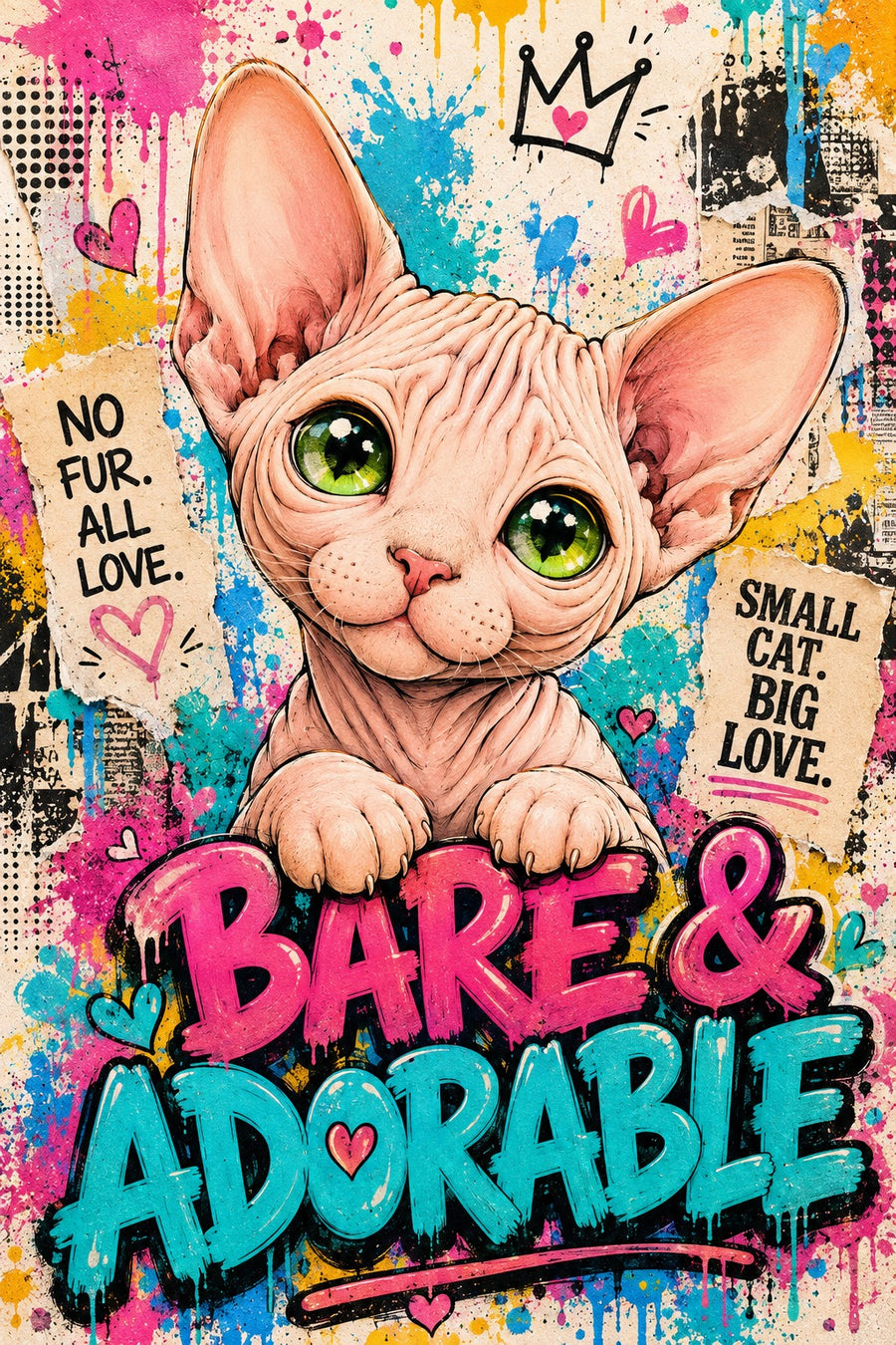 Sphynx kotě se zelenýma očima na graffiti koláži s nápisem Bare & Adorable